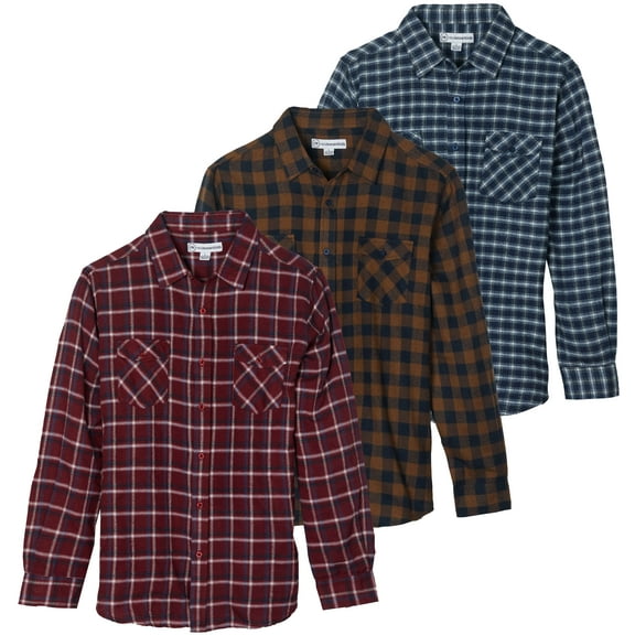 Real Essentials 3 Pack: Men's Long-Sleeve Flannel Button Down Plaid Casual Shirt (Available in Big & Tall)