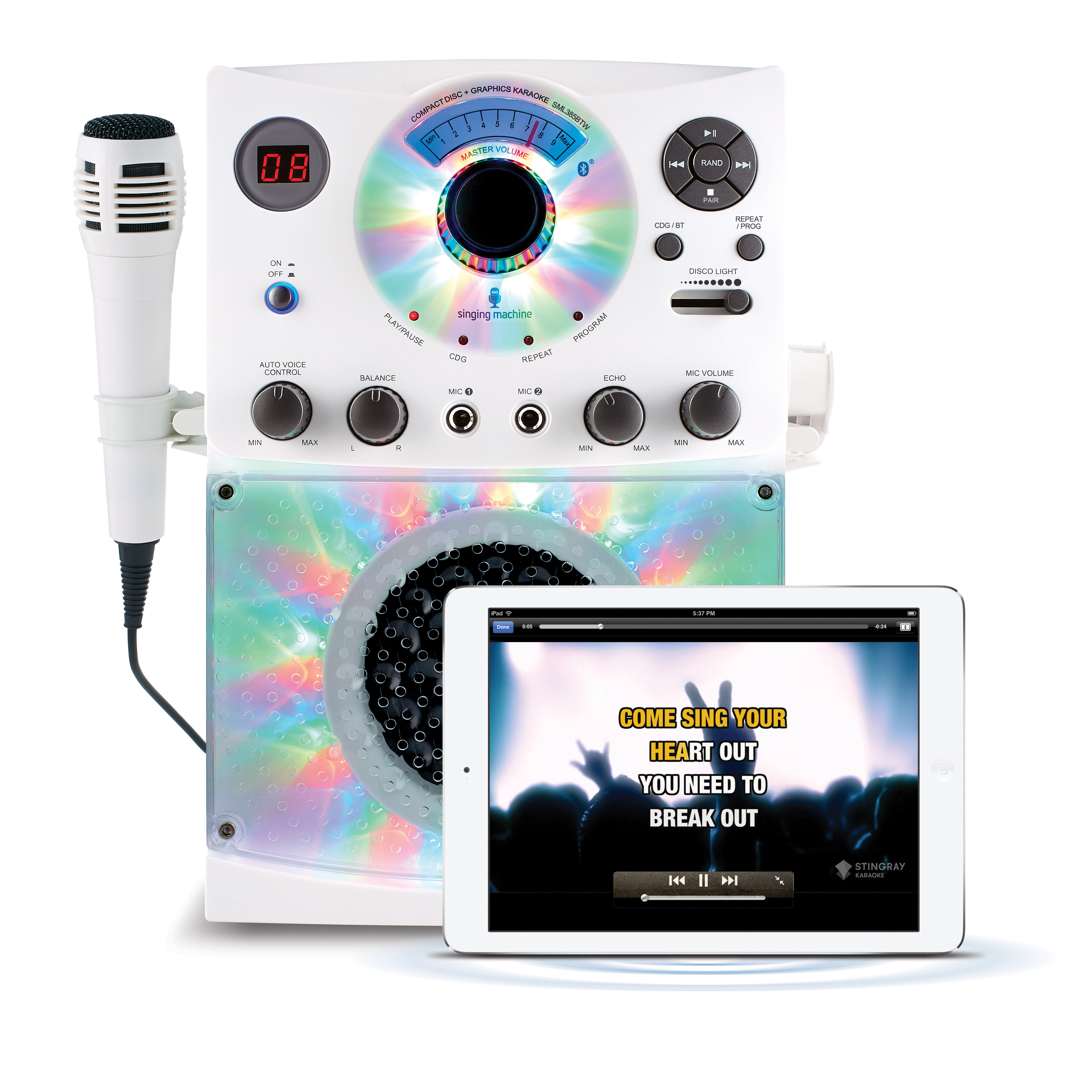 The Singing Machine SML385BTW Bluetooth Karaoke System with LED Disco Lights & Microphone (White) - image 3 of 6