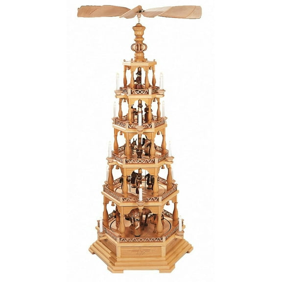 German christmas pyramid Christmas story, 5-tier, height 150 cm / 59 inch, electrical illuminated and driven (230V, 50Hz not for USA and Japan), natural, original Erzgebirge by Müller Seiffen