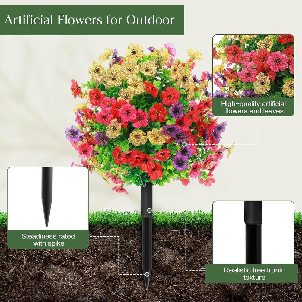 Artificial Flowers with Ground Spikes, Artificial Boxwood Topiary Ball Bush with Flowers for Outdoor, UV Resistant Faux Greenery Shrubs for Garden, Yard