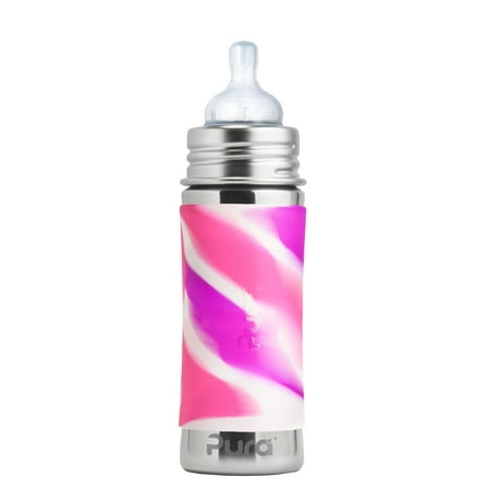 Pura Kiki 11 Oz / 325 Ml Stainless Steel Infant Bottle With Silicone Medium-flow Nipple & Sleeve, Pink Swirl (plastic Free, Nontoxic Certified, Bpa