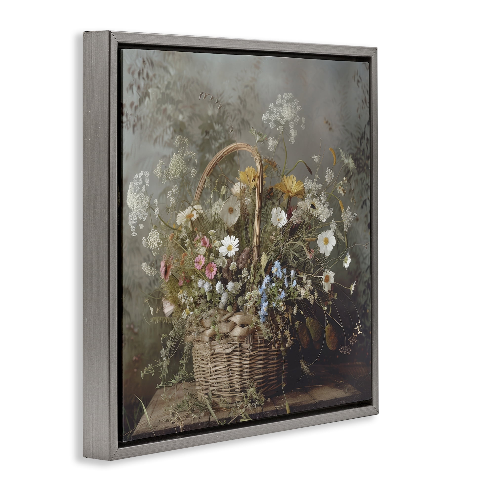 Stupell Industries Rustic Basket with Flowers Gray Framed Floater Canvas Wall Art, design by Lazar Studio