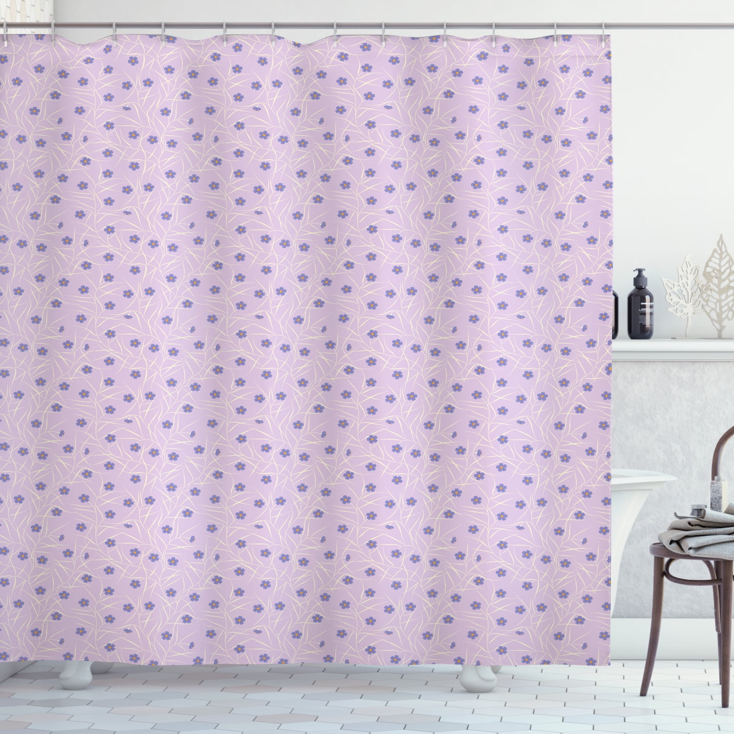 Lilac Shower Curtain, Burgeoning Spring Meadow Theme with Flowery Twigs
