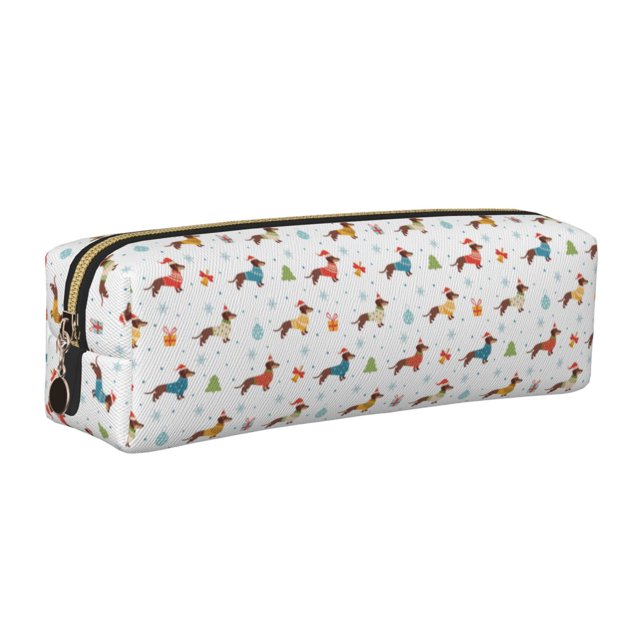 Balery winter Snowflake Dachshund Estuche de Lápices de Cuero Impreso, Estuche para Suministros de Arte, Estuche de Lápices con Cremallera, Estuche de Almacenamiento de Papelería