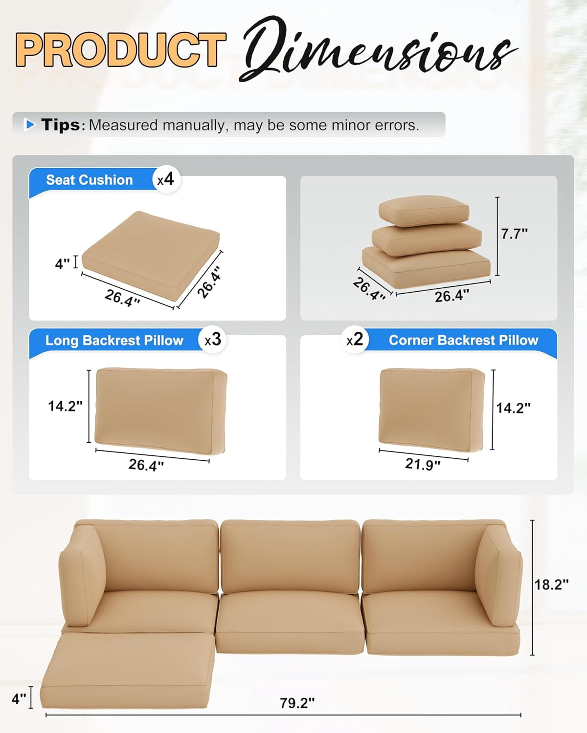 SUNCROWN 9 Piece Patio Furniture Cushions, Replacement Outdoor Cushions for 4-Seat Patio Couch, Cushions for Outdoor Sectional Sofa, Brown