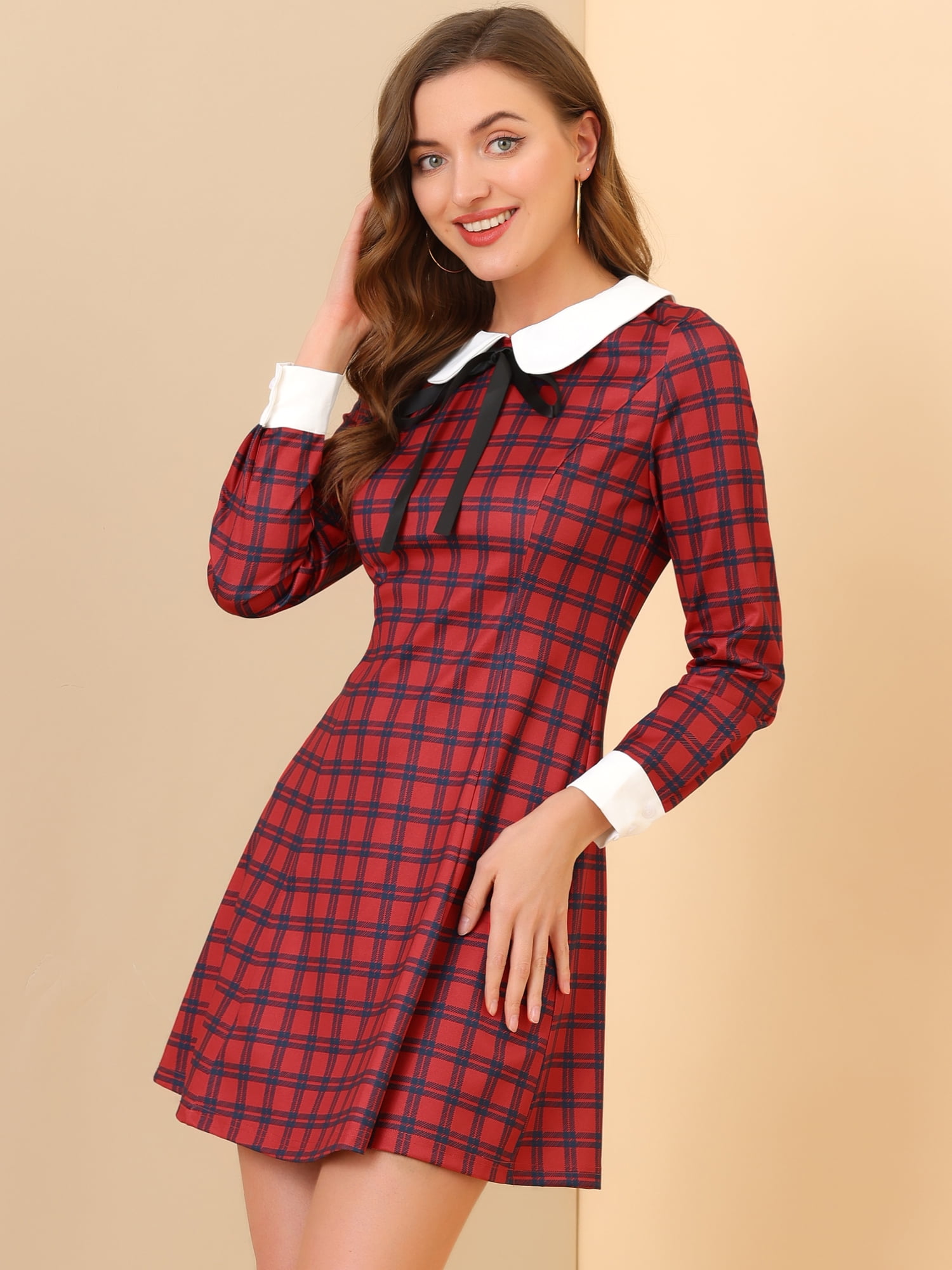 DARING DIVA Women's Contrast Peter Pan Collar A-Line Plaid Dress S Red