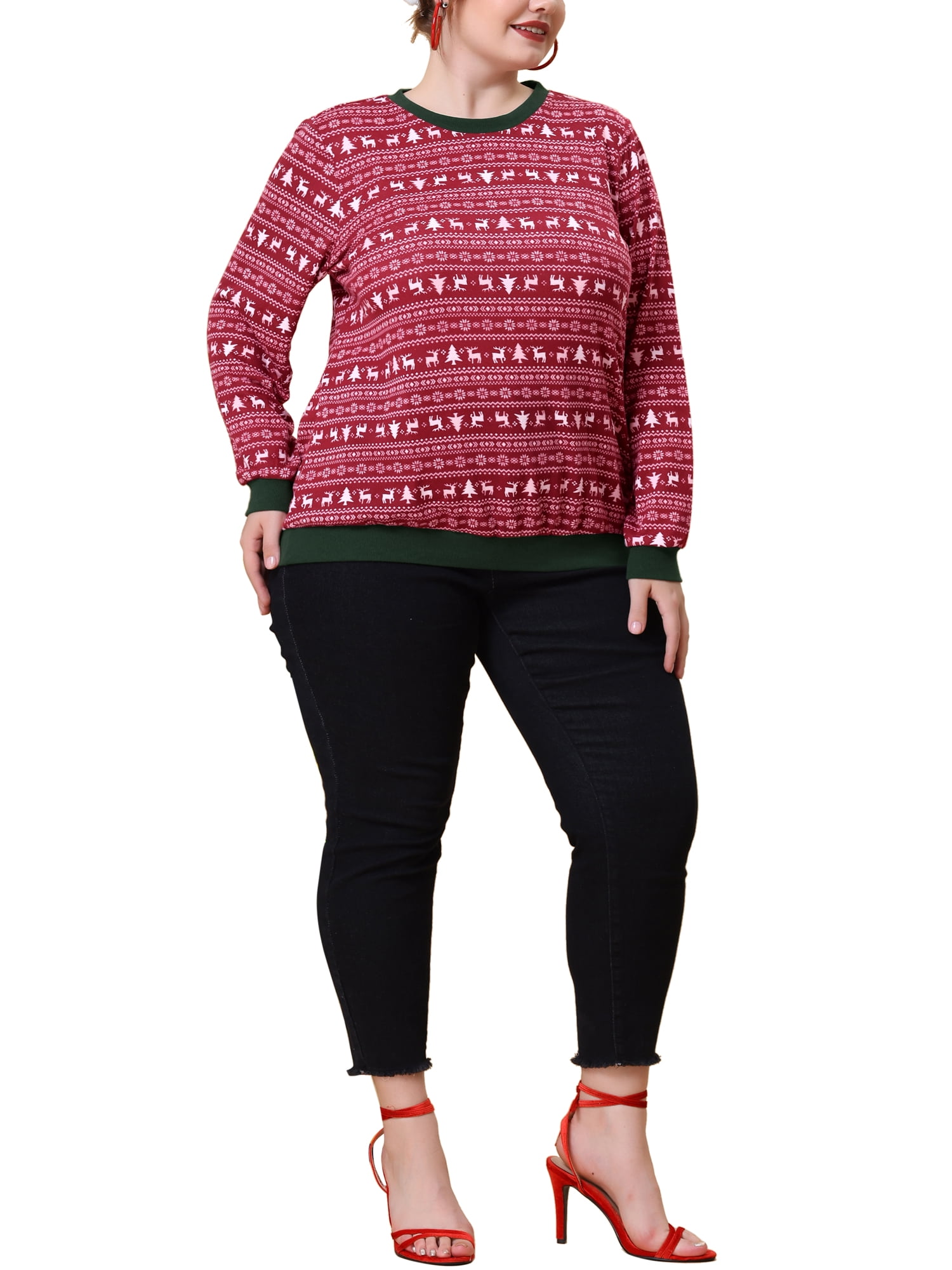 Unique Bargains Women's Plus Size Knit Top Round Neck Long Sleeve Female Xmas Blouses Red 2X