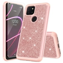 for T-Mobile Revvl 5G with Temper Glass TPU Hard Phone Case Glitter Shock proof Edge Scratch Shield Hybrid Layers Slim Bumper Cover (Rose Gold)