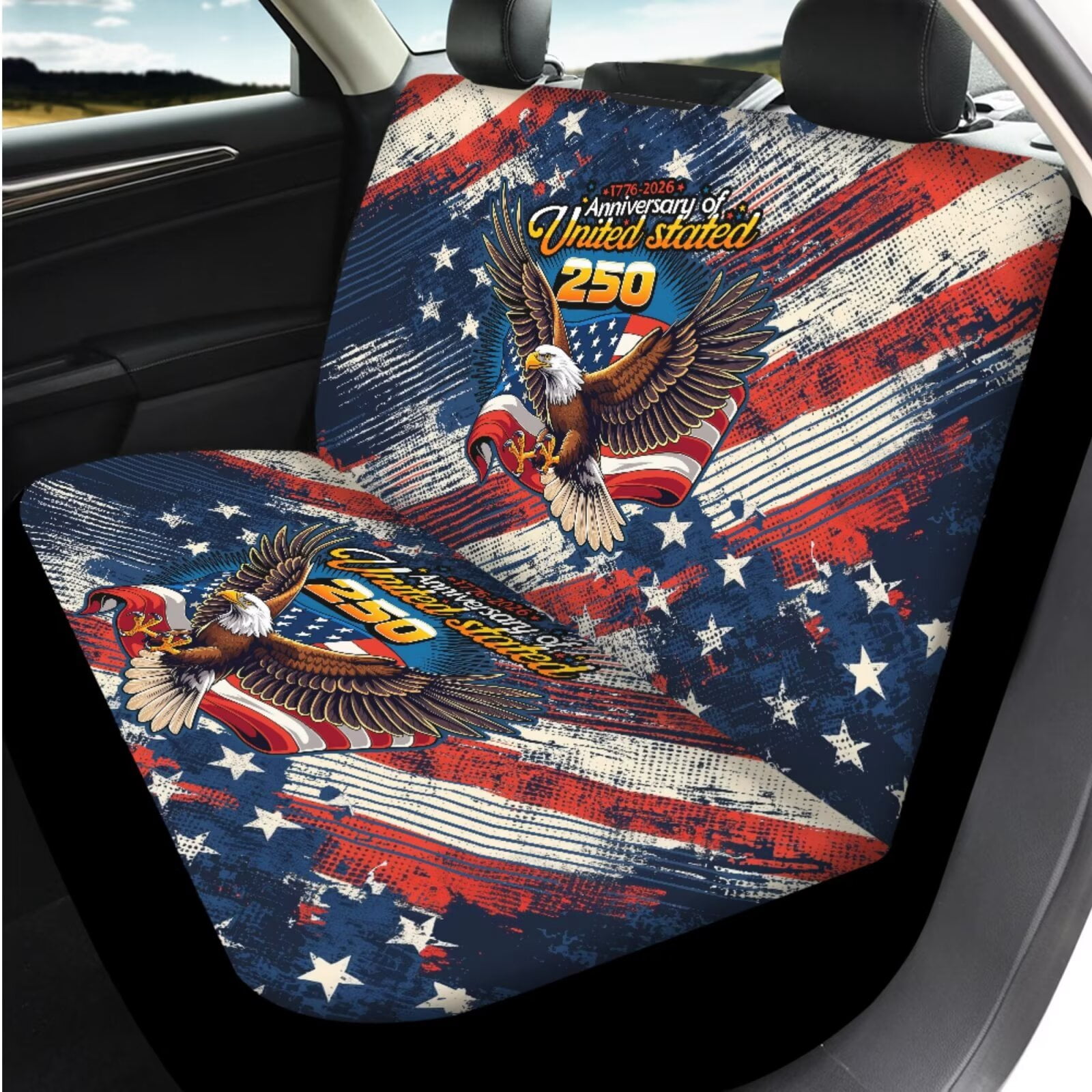 Uorisanigo 14pcs Car Seat Cover with American 250th Anniversary Steering Wheel Cover Armrest Cushion Protector Seat Belt Covers Universal Vehicle Accessories Fit for Most Car, Truck, Suv, or Van