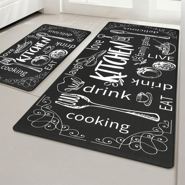 MeyJey Juego de 2 Tapetes de Cocina de Granja, Tapete Acolchado Impermeable Antideslizante y Antifatiga para Cocina, Comedor y Lavadero, 18"x30"+18"x48" Negro