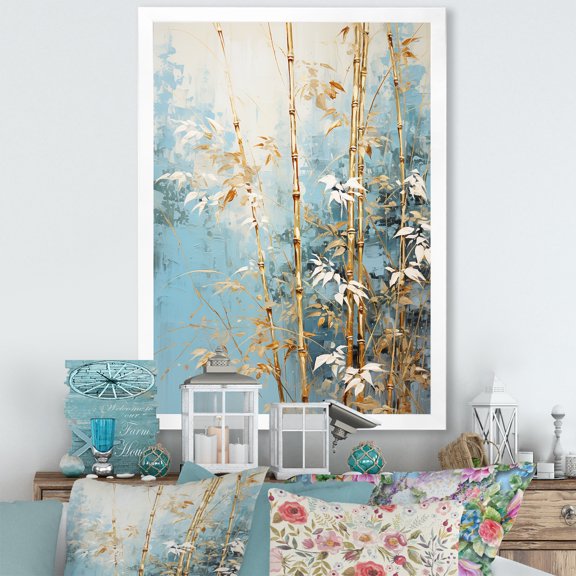 Designart "Blue Bamboo With Gold I" Bamboo Picture Framed Canvas Wall Art