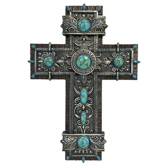 De Leon Collections 14888 Antique Frame Cross & Turquoise Round Dot Stones Wall Cross