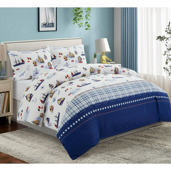 Marina Decoration Kids Boys Toddlers Cute Printed 600 Thread Count Soft Cotton Blend Percale Duvet Cover Fitted Sheet Ensemble Bedding Set, Nautical Sailing Boat Pattern