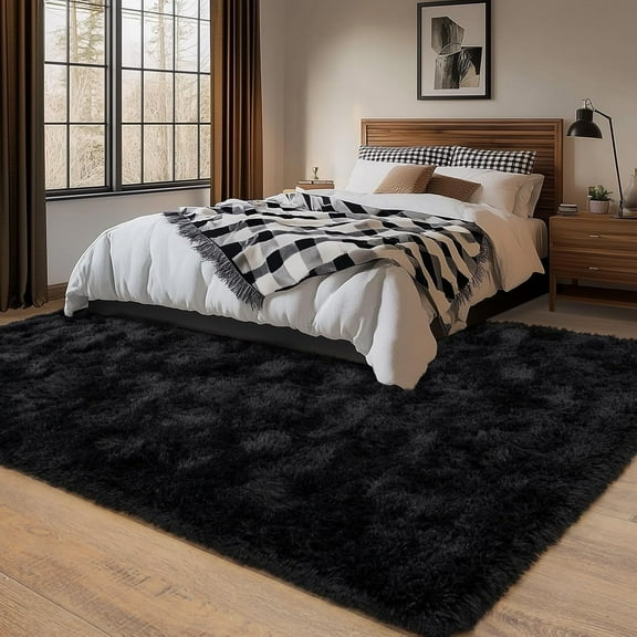 8x10 Rug for Living Room, Fluffy Black Plush Large Area Rugs, Fuzzy Big Shaggy Carpet for Bedroom, Non Slip Furry Shag Room Nursery Dorm Home Decor Aesthetic