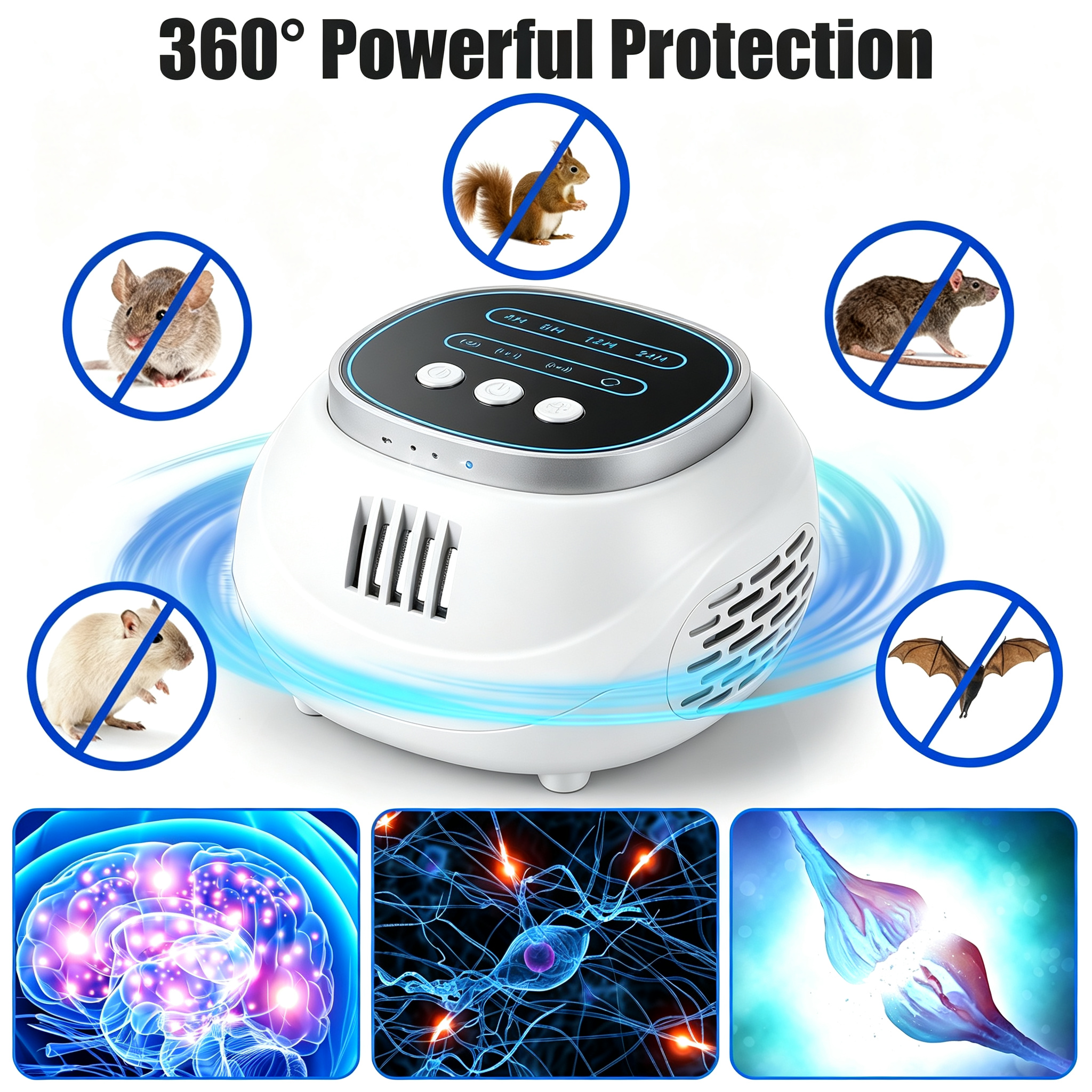 Ultrasonic Rodent Repeller 2-Pack with 4 Modes, 4-65KHz Frequency, Strobe Light and 4 Timers for Rats, Mice, Squirrels and Bats in Attics, Garages and Kitchens