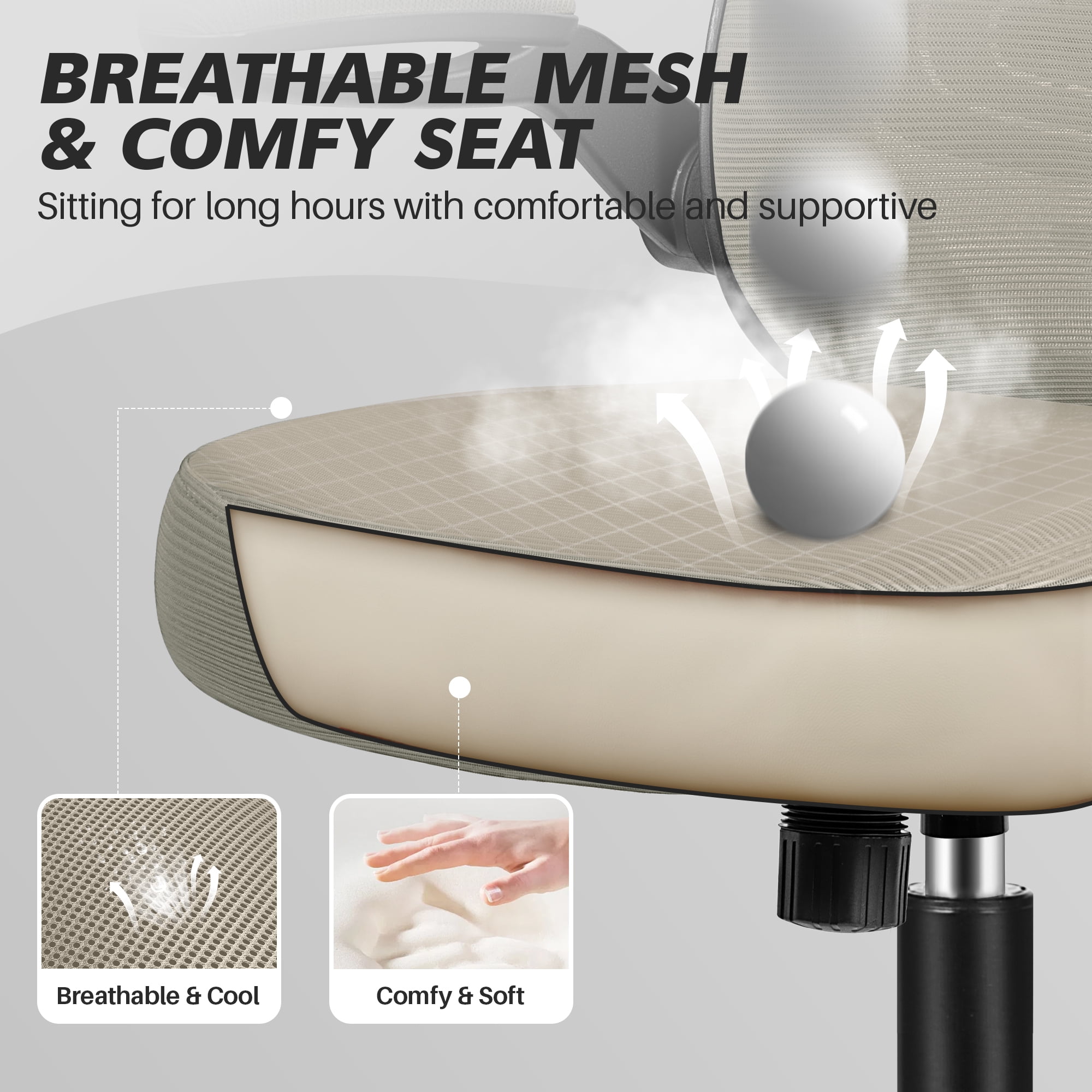 COOLHUT Ergonomic Office Chair, Home Office Desk Chair, Comfort Mesh Task Chair with Adjustable Lumbar Support and Flip up Arms, Gray