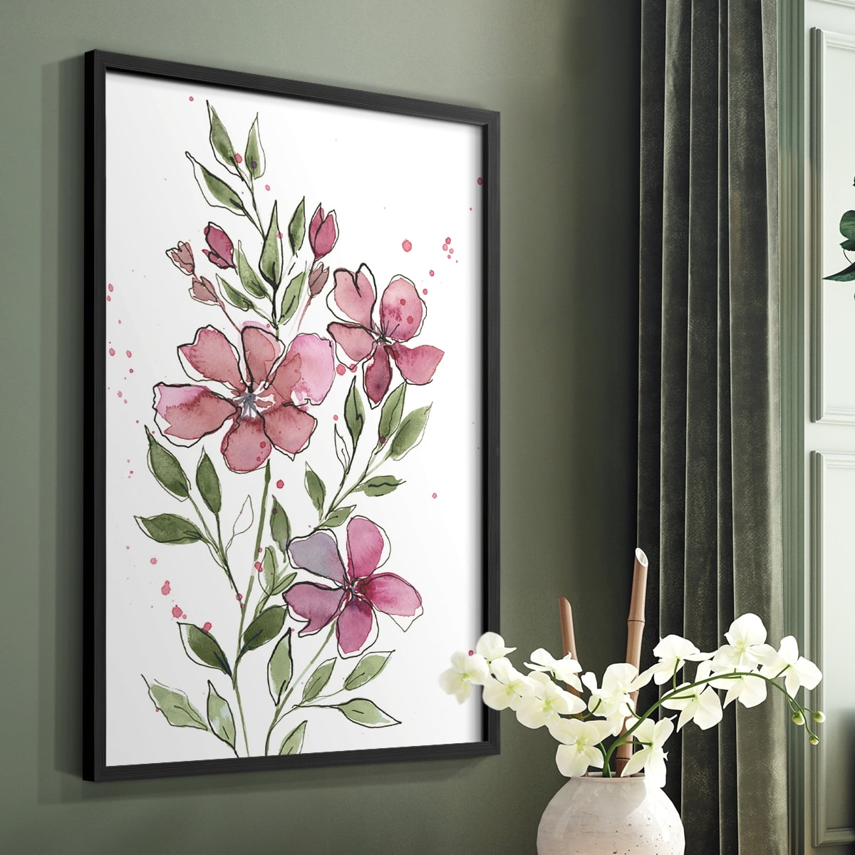 Watercolor Floral Stems I Framed Print in Black Solid Wood 22 x 28 Framed Print