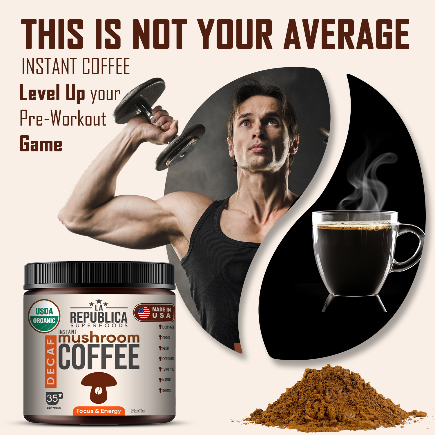 La Republica Organic Decaf Mushroom Coffee Instant Blend 2-Pack (7.5 oz) with Lion's Mane & Reishi – 70 Servings