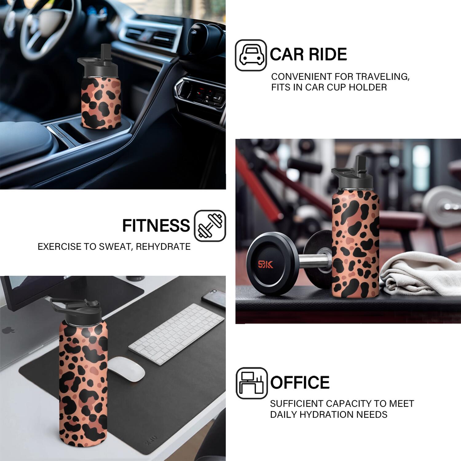 Leopard Print Insulated Stainless Steel Water Bottle with Straw & Cleaning Brush – 18 Oz | Leakproof, BPA-Free, 304 Stainless Steel, Wide Mouth, Travel Mug for Car, Gym, Office