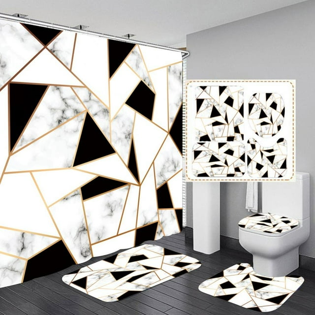 Aosijia 4 Pcs Marble Shower Curtain Sets Bathroom Sets with Shower Curtain and Rugs and Accessories Rug Toilet Lid Cover and Non-Slip U Shape Mat Waterproof Shower Curtain with 12 Hooks