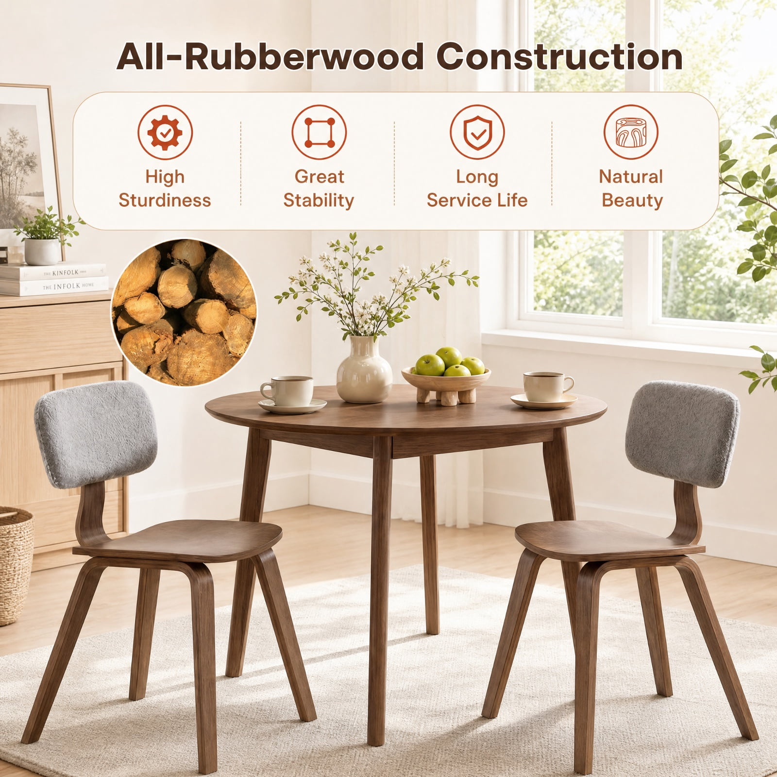 Furnibear Set of 2 Upholstered Dining Chairs with Teddy Velvet Padded Curved Backrest, Solid Rubber Wood Frame,Armless for Kitchen and Dining Room, Grey and Walnut