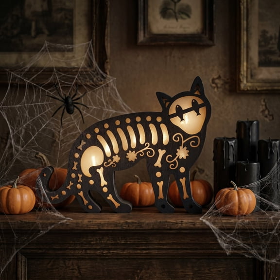 Halloween Black Cat Wooden LED Light, Light Up Wood Cat Ornament, Spooky Tabletop Decor for Home Mantel Garden Party Haunted House