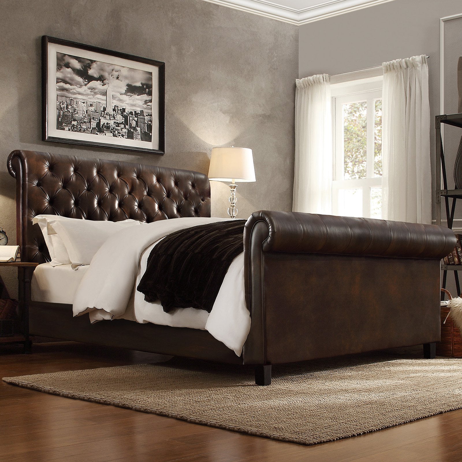 Weston Home Dartford Upholstered Faux, Brown Leather Sleigh Bed King Size