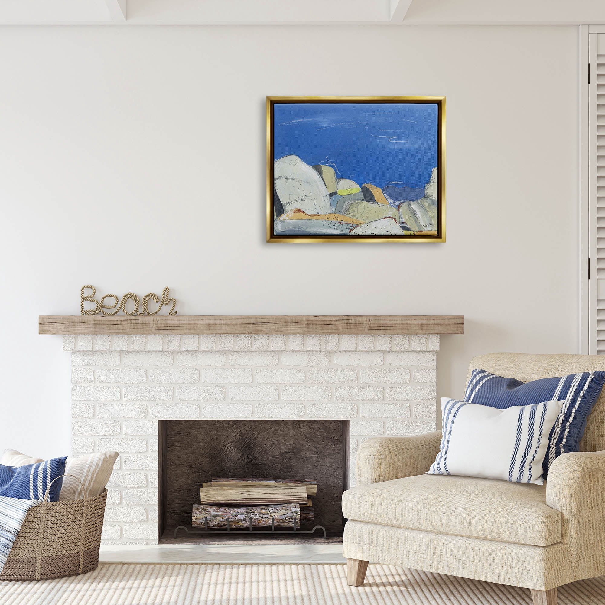 Stupell Industries Abstract Ocean Cliff Rocks Coastal Painting Gold Floater Framed Art Print Wall Art