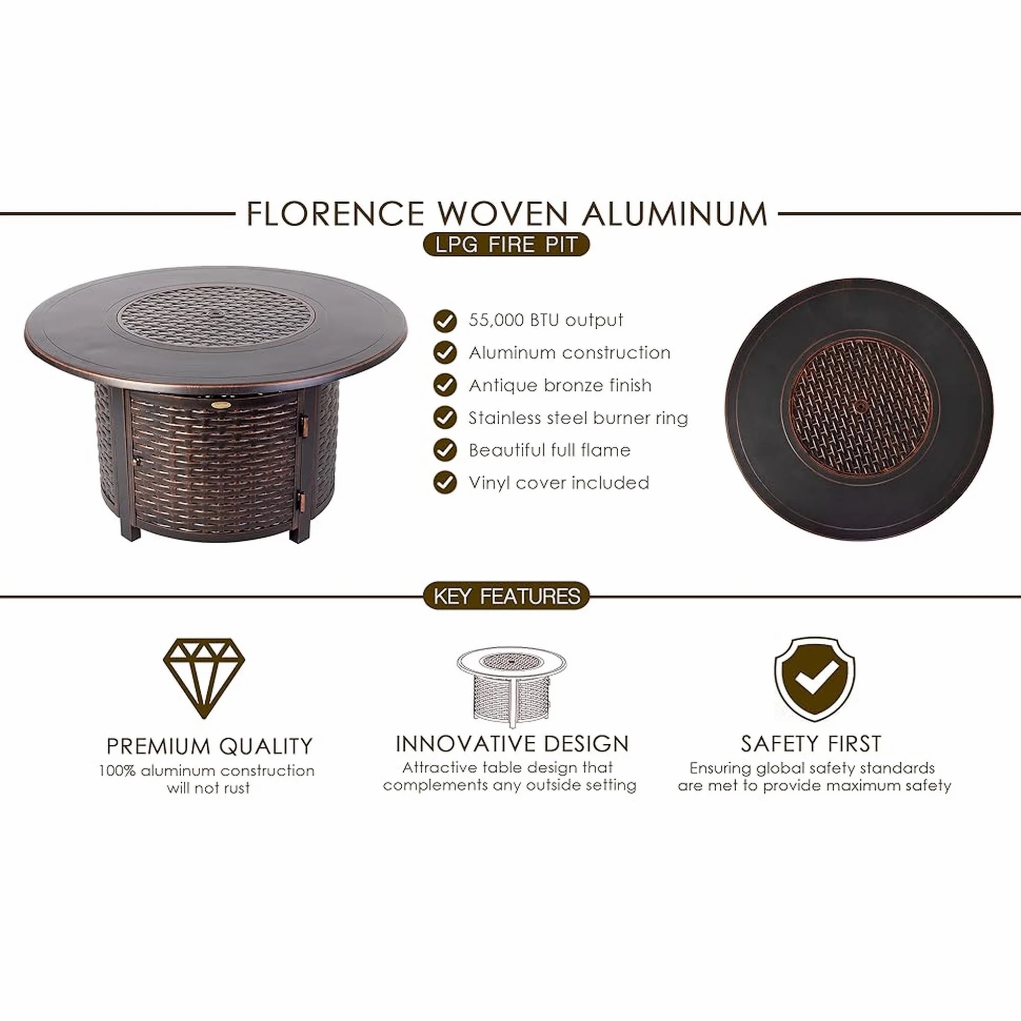 Vulcan Florence Woven Aluminum Gas Fire Pit Table – Round 44" with Fire Bowl Lid, Antique Bronze