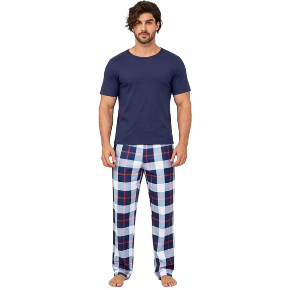 Men's short-sleeved long pants casual check home wear set that can be worn outside