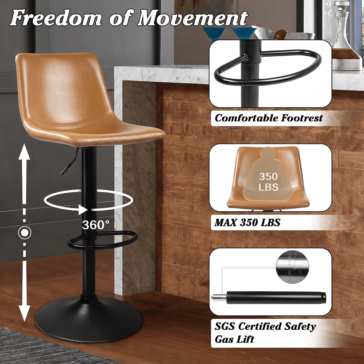 Waleaf Set of 4 Modern Swivel PU Leather Bar Stools, Adjustable Height Kitchen Counter Height Chairs with Back and Footrest, PU Leather Upholstered Dining Chairs for Kitchen Island