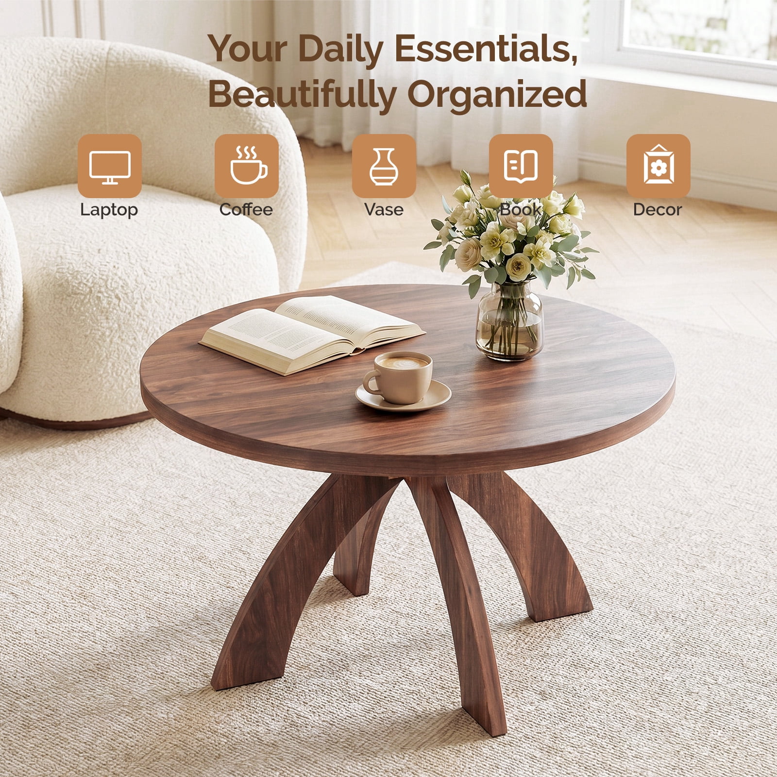 Astoutdoor Round Coffee Table, 31.5 in Walnut Brown MDF with Curved Cross Legs, Modern Minimalist Center Table for Living Room