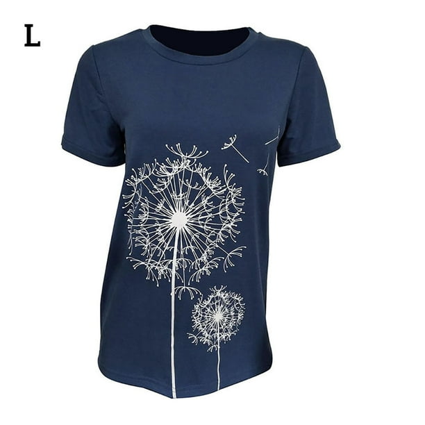 Camiseta de mujer con estampado floral, cuello redondo, manga corta, camiseta suelta, azul, L Methold AP000466-10