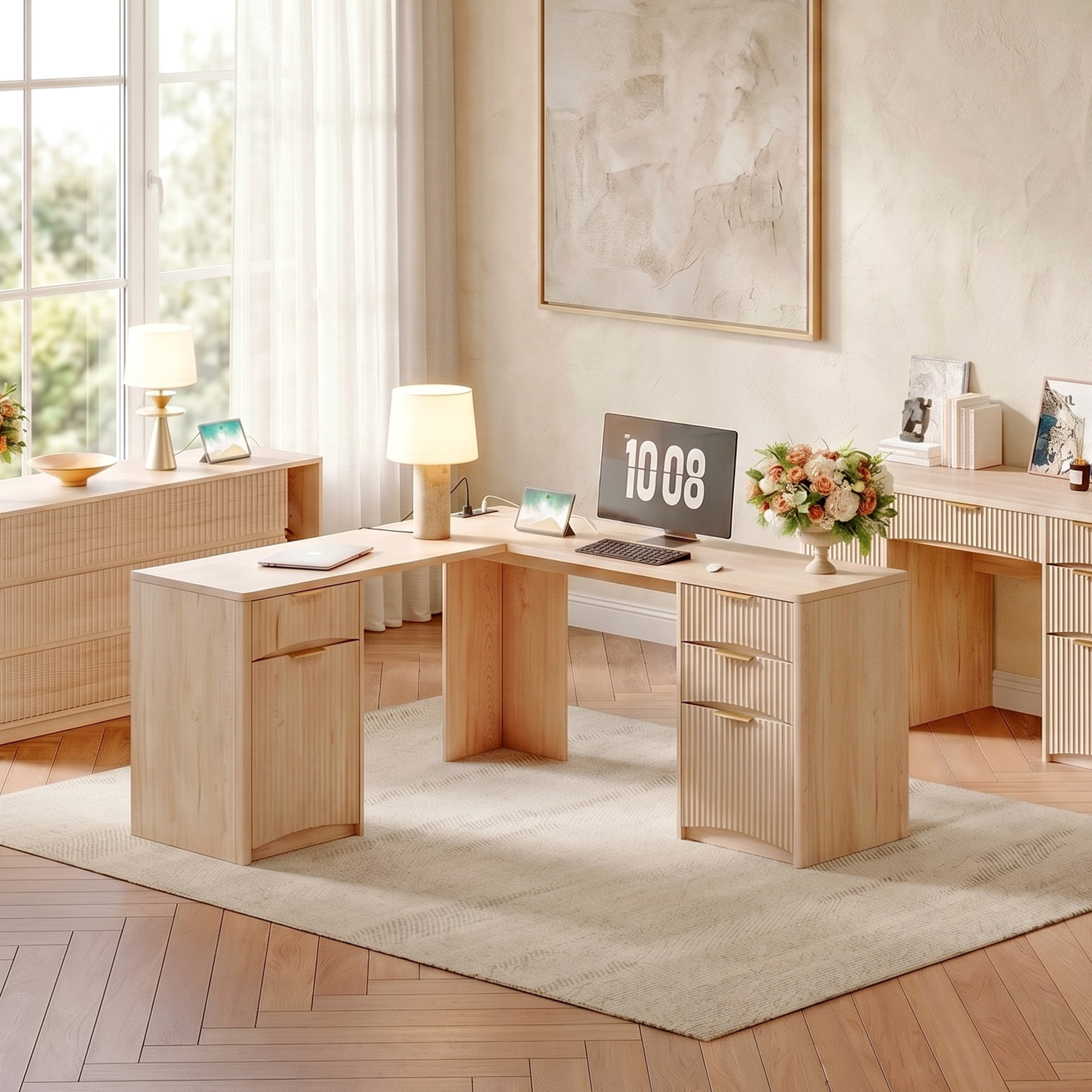 63'' Fluted L Shaped Desk with Drawers, Corner Computer Desk with Storage, Modern Executive Home Office Desk with File Cabinet and Charging Station, Natural Oak