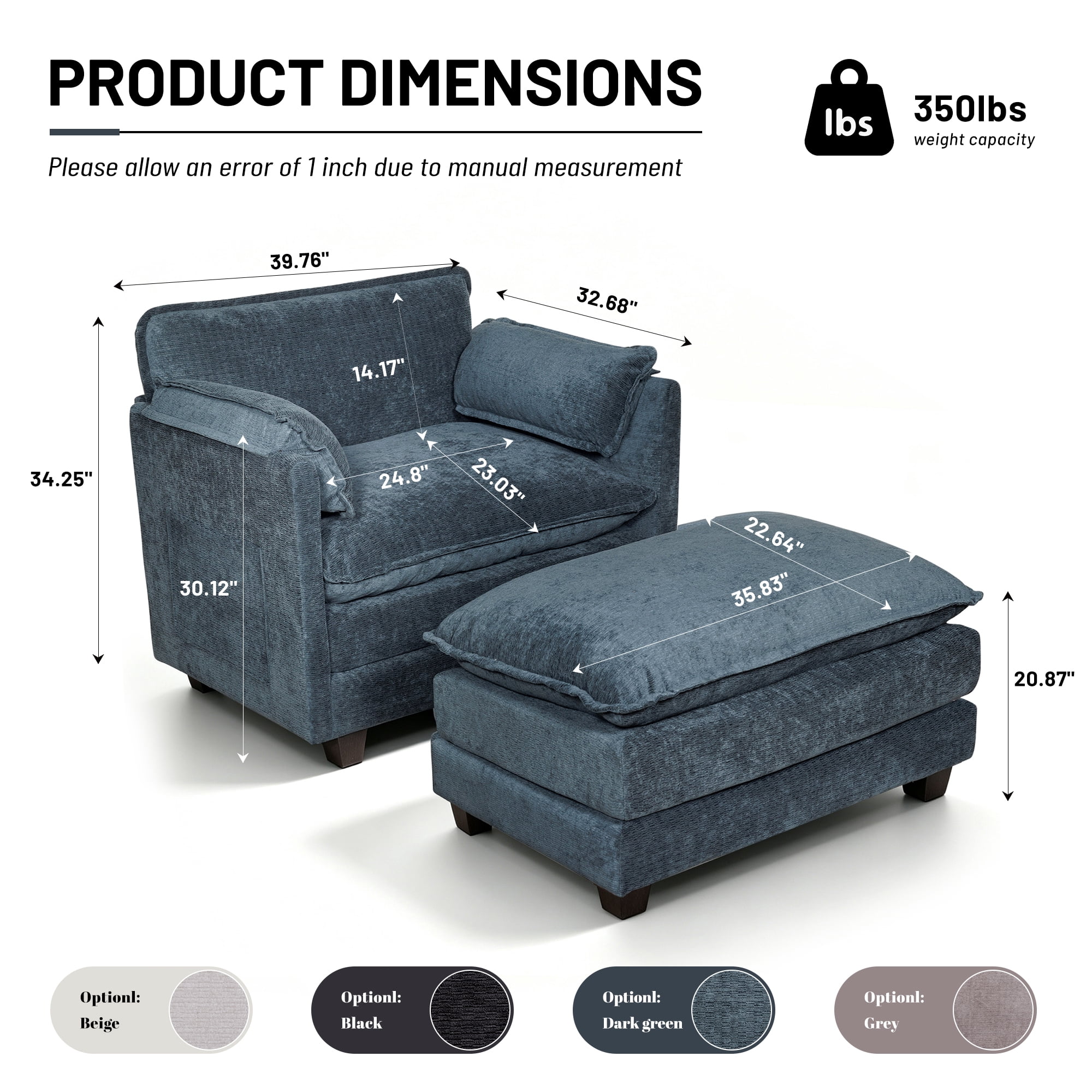 39.76" Oversize Accent Chair wirh Ottoman Armchair Set with Side Pocket