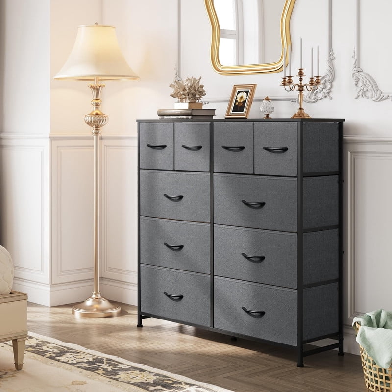 Kelno 10 Drawers Fabric Cabinet Metal Frame Wide Wood Top Tall Storage Tower TV Stand Clothes Organizer for Bedroom Living Room,Grey
