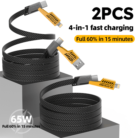 Firsting 2PCS 65W 4-in-1 Multi Cell Phone Data Cable Fast Charge 27WPD Charge Cord Charging cable, Black