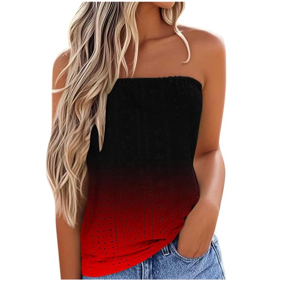 Staron Women Strapless Bandeau Crop Top Summer Boho Vacation Beach Casual Loose Tank Tops Sleeveless Eyelet Gradient, Red S