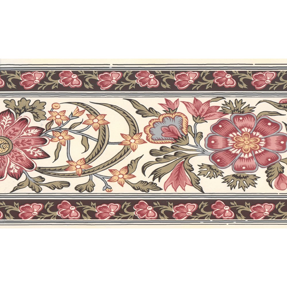 Prepasted Wallpaper Border Floral Brown, Beige, Red, Sage Green Stylized Flowers on Vine Wall