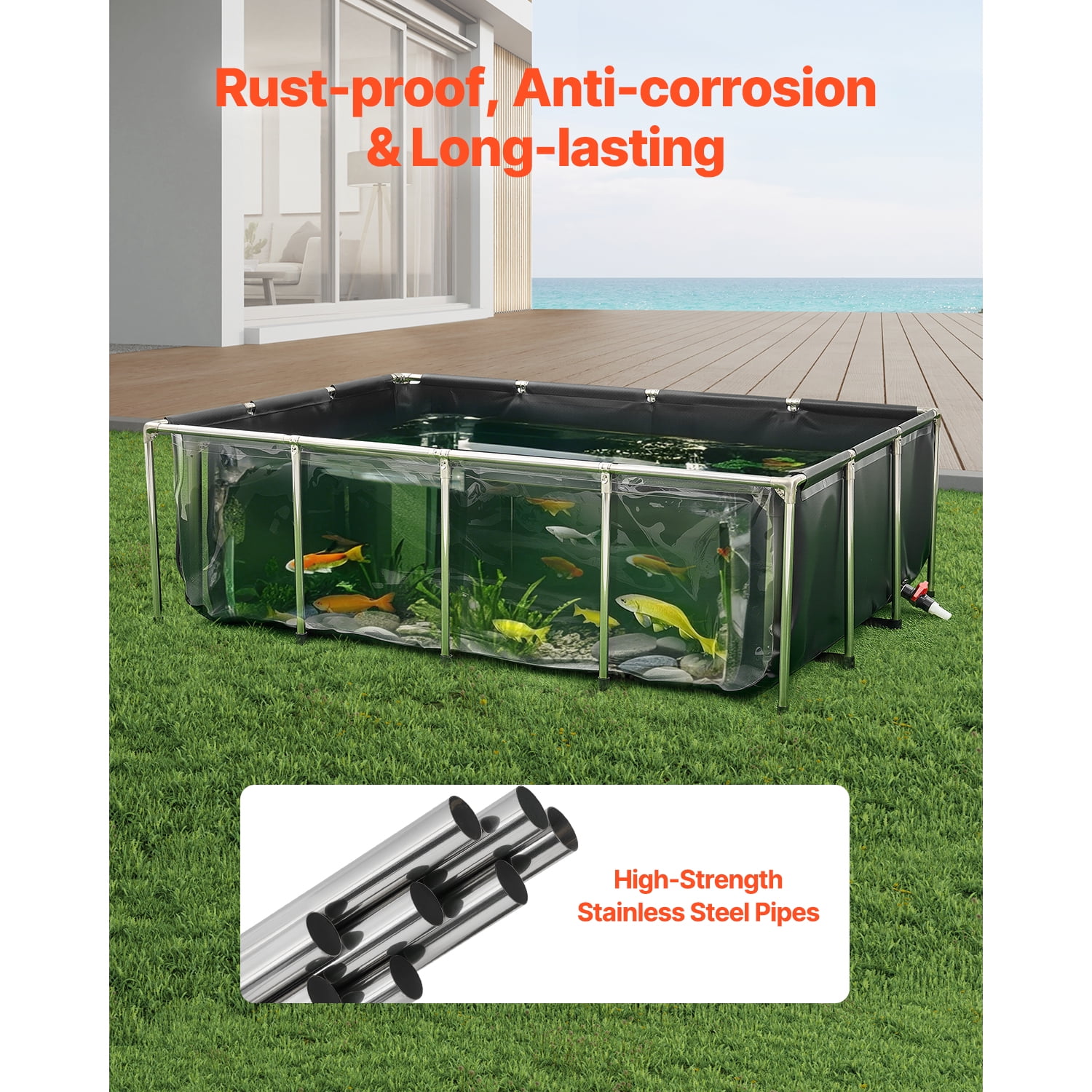 KFFKFF Canvas Fish Pond, 470 Gal Above Ground Pond, PVC Koi Tank with Transparent Viewing Panel, Rectangular Goldfish Tank with Steel Frame & Drain Valve, Suitable for Breeding Koi and Irrigation
