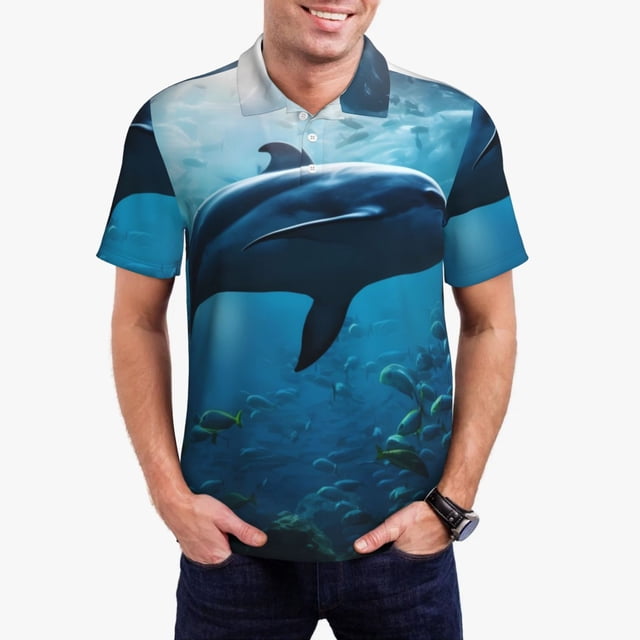 Fotbe Ocean Dolphin Fish School Camiseta Polo de Golf para Hombre con Estampado – Camisa Deportiva Transpirable con Cuello Abotonado-Medium