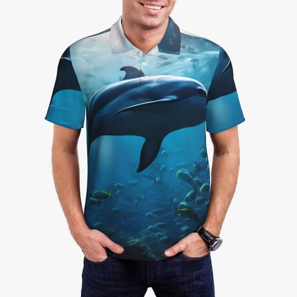 Balery Ocean Dolphin Fish School Camisa Polo de Hombre con Estampado, de Manga Corta y Tejido Medio, Camisa Tipo Golf Polo-Small