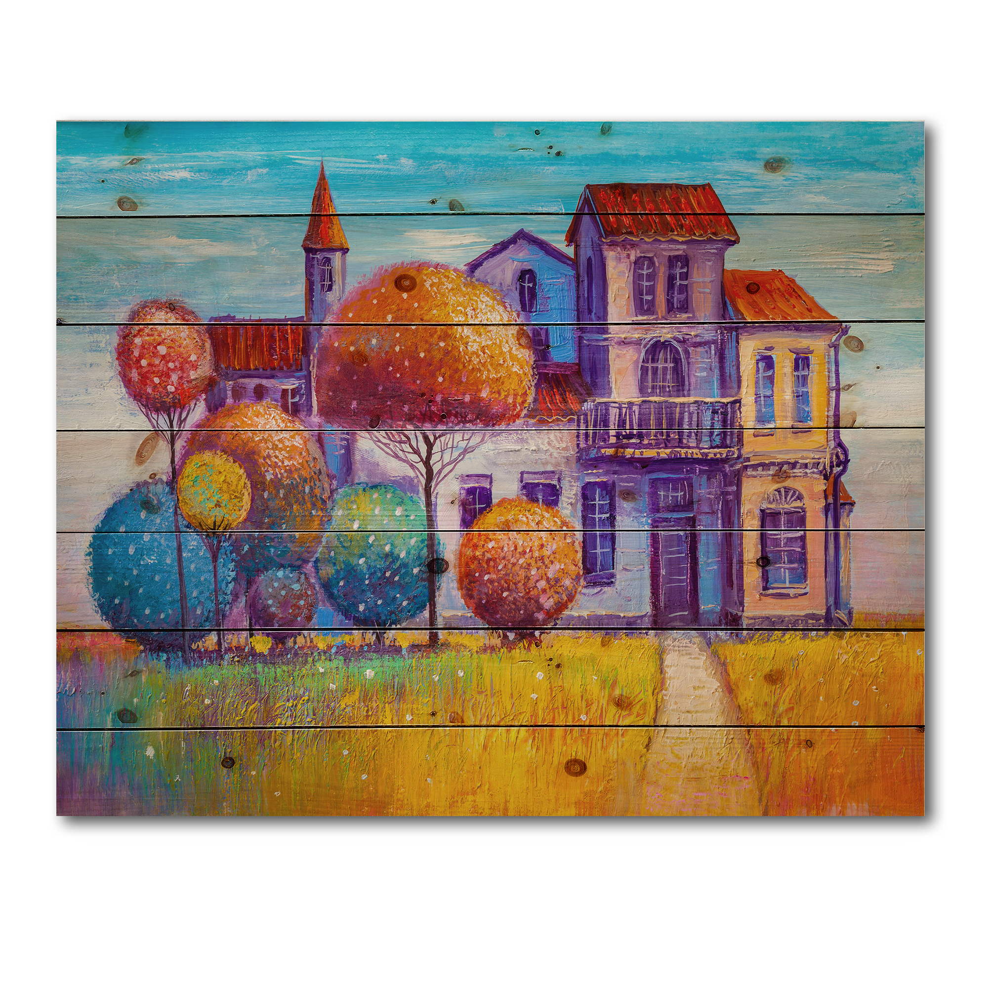 Designart 'Abstract Colorful House In The Fairy Tale VIllage' Traditional Print on Natural Pine Wood