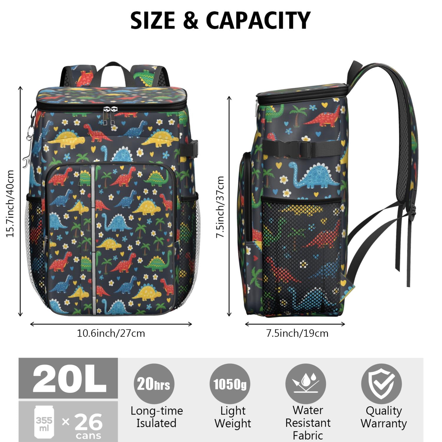 Travel Cooler Bag - Dark Cartoon Dinosaurs Flowers Hearts Palm Trees Pattern Camping Beer Cooler Backpack with Bottle Opener- Waterproof Insulated Picnic Backpacks - Cooler Bag for Beach