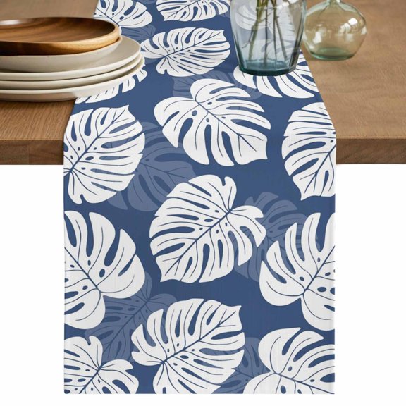 Table Runners 70 Inches Long Dress Scarves, Monstera Leaves Farmhouse Coffee/Dining/Kitchen Table Decor, Holiday Table Runner, Summer Tropical Plants Navy Blue 13x70 Inch