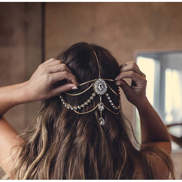 DoubleNine - Diadema bohemia para novia, boda, diadema con diamantes de imitación en forma de lágrima, accesorios para el pelo de cristal, tocado de diosa para mujer (dorado)