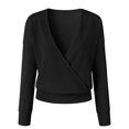 thumbnail image 2 of Camiseta cruzada elegante de algodón y poliéster de color puro con mangas largas y escote en V profundo para mujer color negro S, 2 of 12
