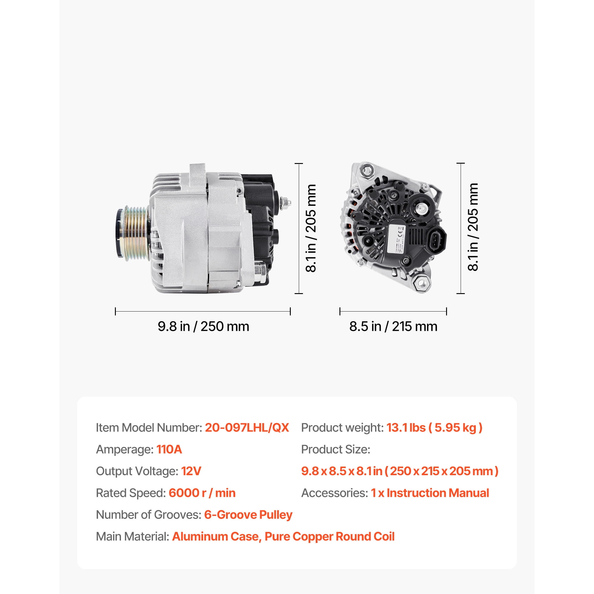 KFFKFF Automotive Replacement Alternator 11491, Fit with Hyundai Sonata 2.4L 2010-2013 and Kia Optima 2.4L 2011-2013, Features Durable Aluminum Housing and Pure Copper Coil, Part Number 37300-2G150