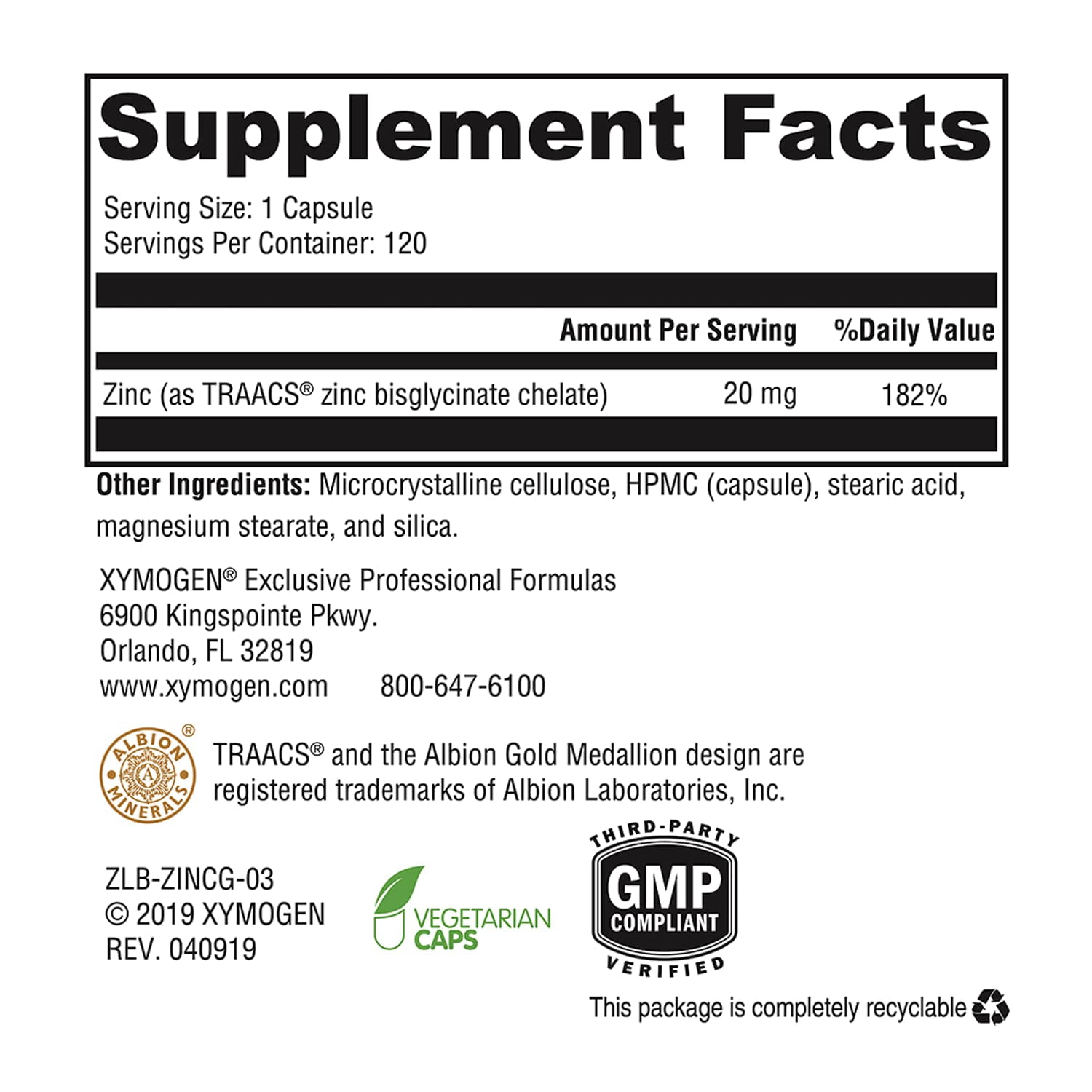 XYMOGEN Zinc Glycinate - 20 mg Highly Absorbable Zinc Supplement - Supports Immune System & Whole Body Wellness - Vegetarian, Gluten-Free & Non-GMO - 120 Capsules