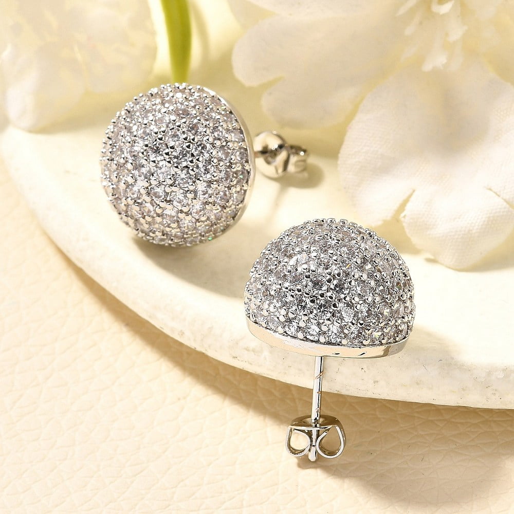 Half Round Brass Micro Pave Clear Cubic Zirconia Stud Earrings Rack Plating Long-Lasting Plated Cadmium Free & Lead Free Platinum 15.5mm